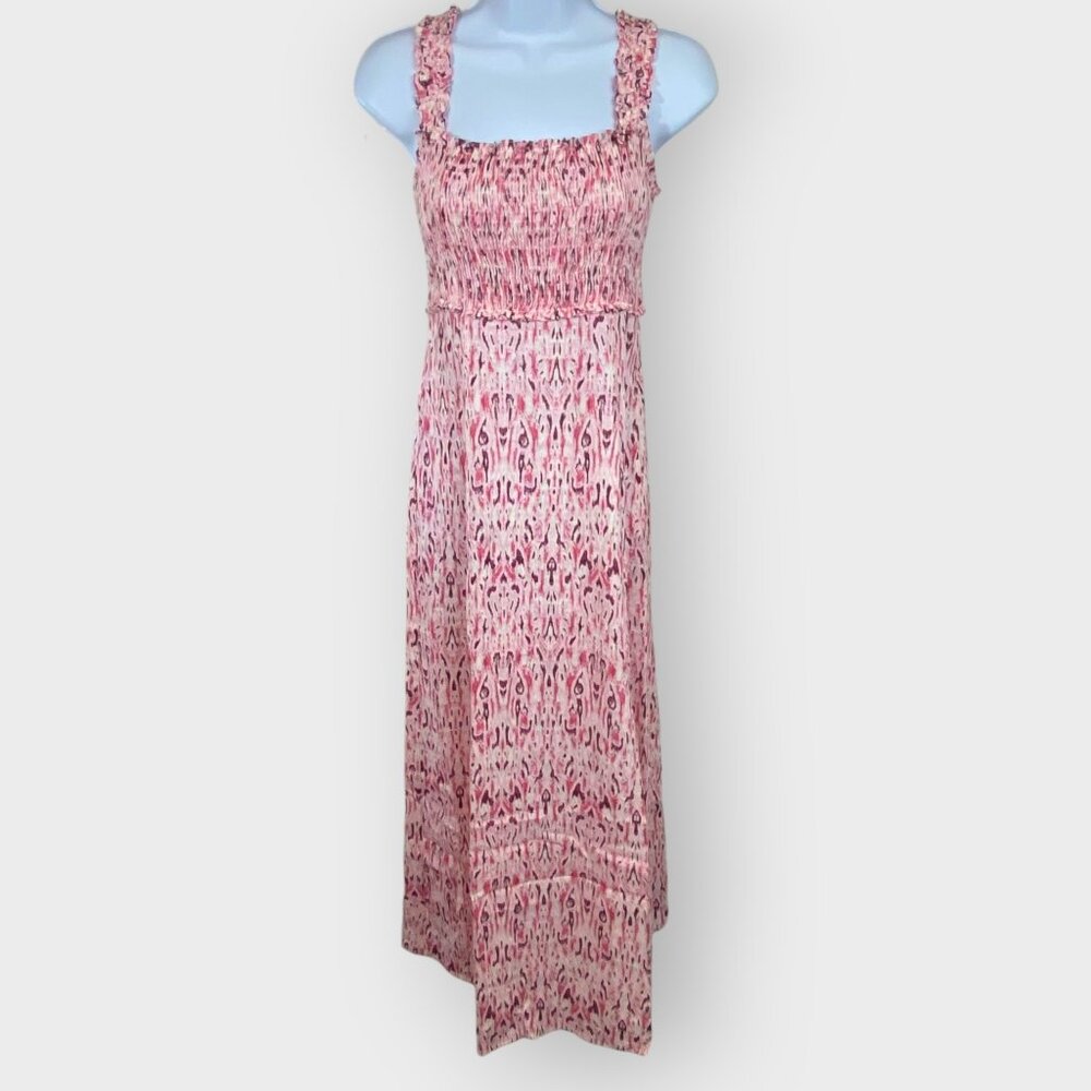 Zara Womens Linen Blend Midi Dress | S | Pink Smocked | Coastal Beachy